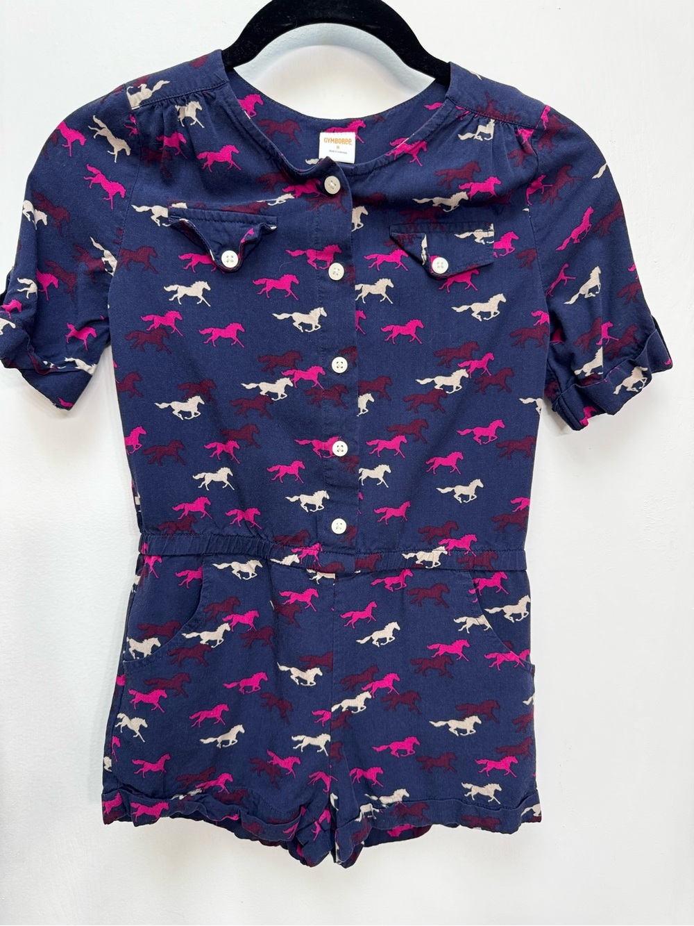 Gymboree Navy Short-Sleeve Romper with Pink & Cream Horse Print